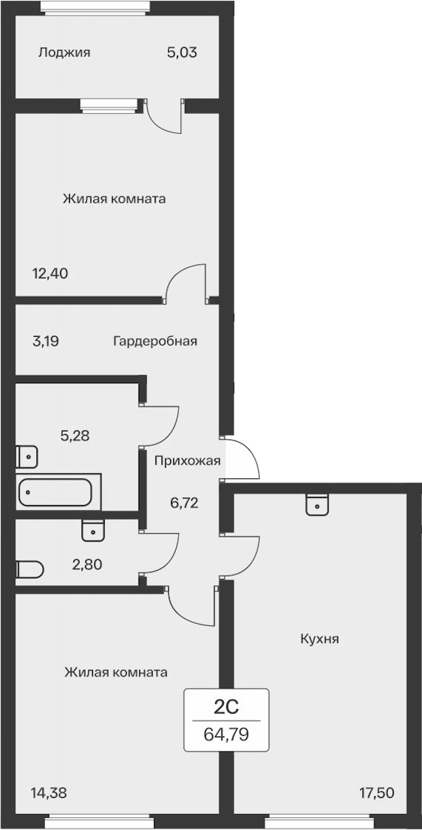 2-комнатная квартира 64.79 м², 1/12 эт., ЖК «Расцветай в Янино»